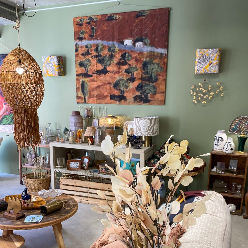 Espace boutique avec suspension en osier, vases et abat-jours, objets déco vintage à Albi
